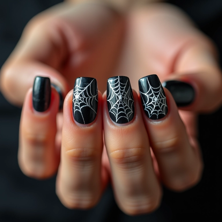 Unhas decoradas com teias de aranha para um visual assustador e elegante.