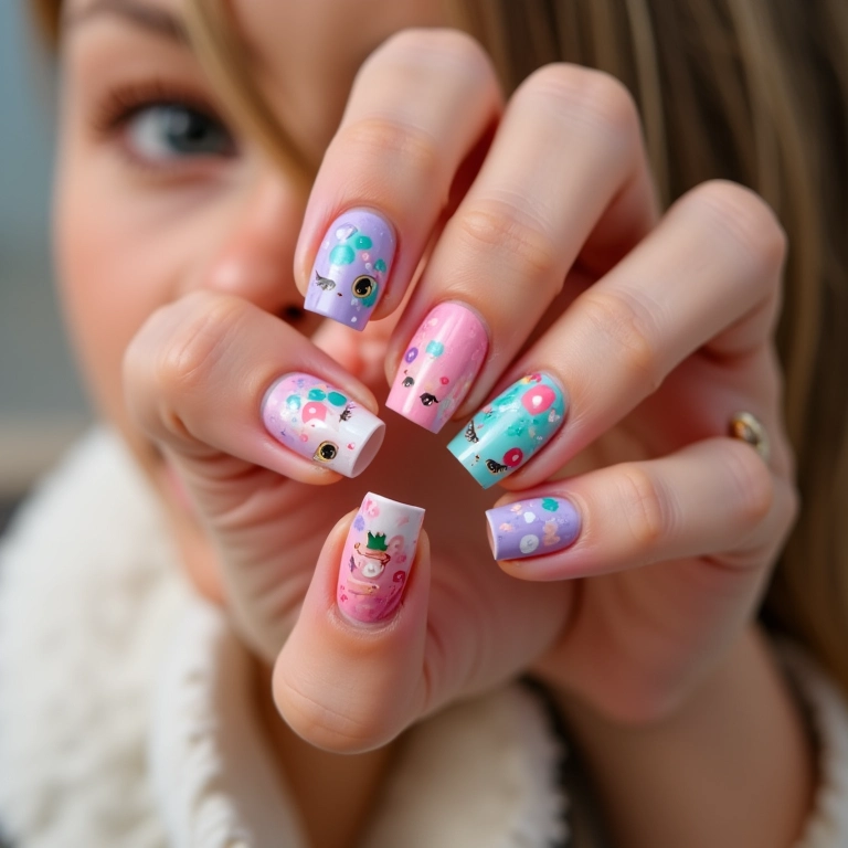 Unhas decoradas com tema de bonecas em cores vibrantes e detalhes lúdicos.
