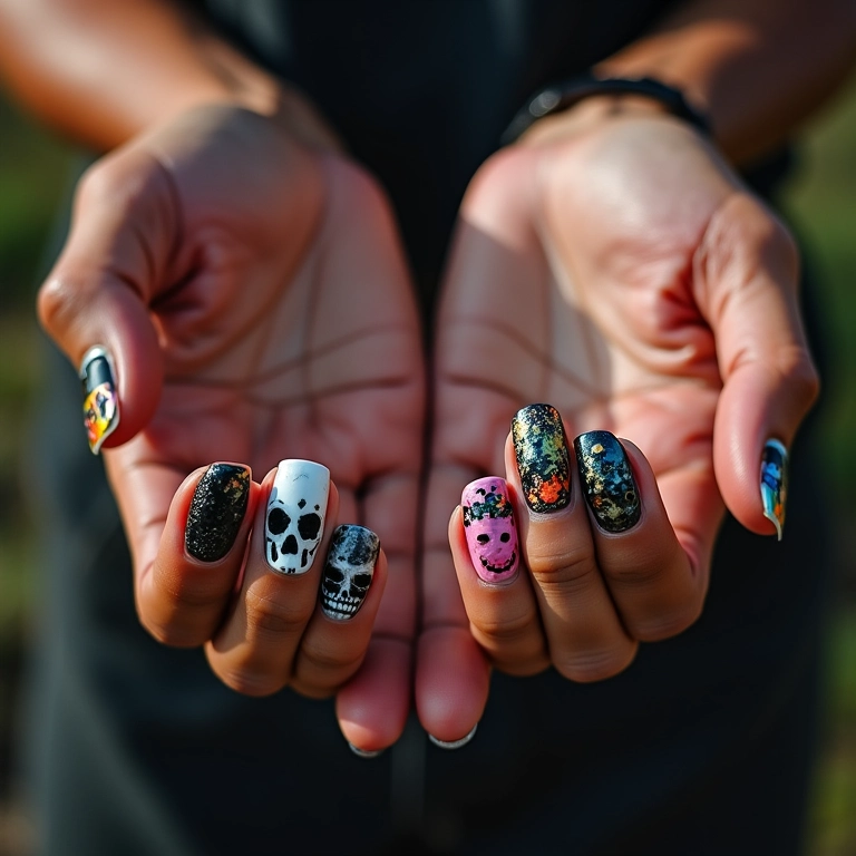Unhas decoradas com tema de caveira em mãos diversas, estilo rock vibrante.