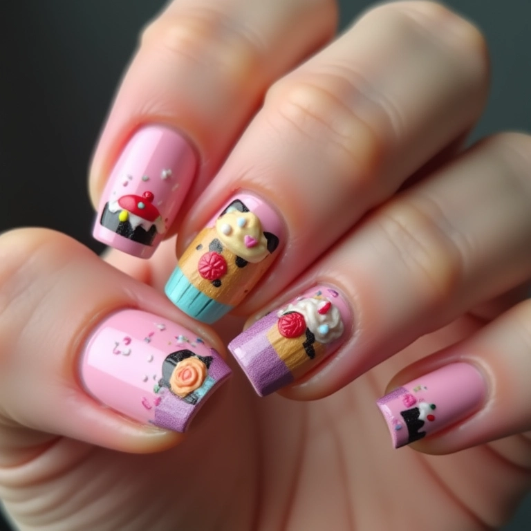 Unhas decoradas com tema de cupcake em tons pastel.