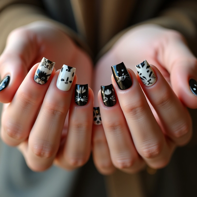 Unhas decoradas com tema de gato, designs felinos detalhados.