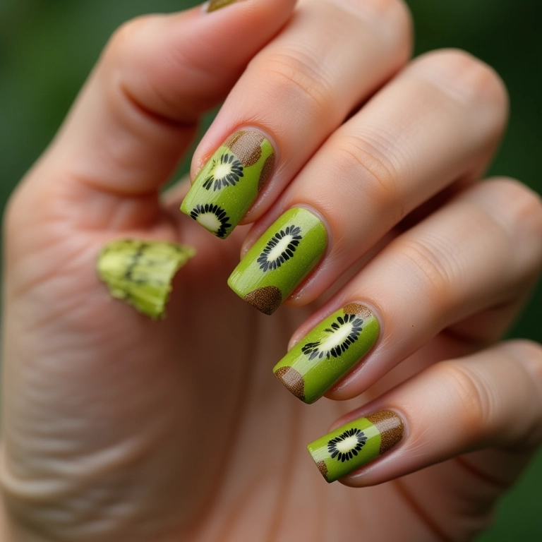 Unhas decoradas com tema de kiwi, design divertido e cores vibrantes.