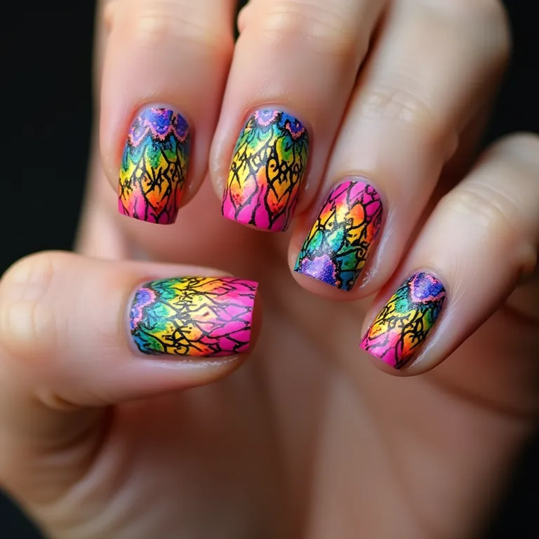 Unhas decoradas com tema de São João, cores vibrantes e design festivo.