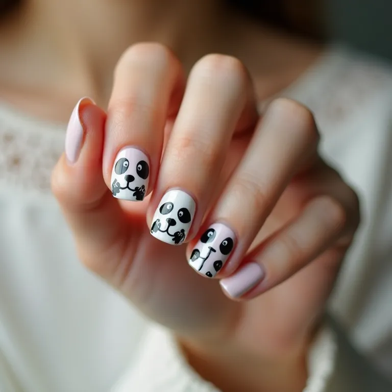 Unhas decoradas com tema de urso panda, design fofo e detalhado.