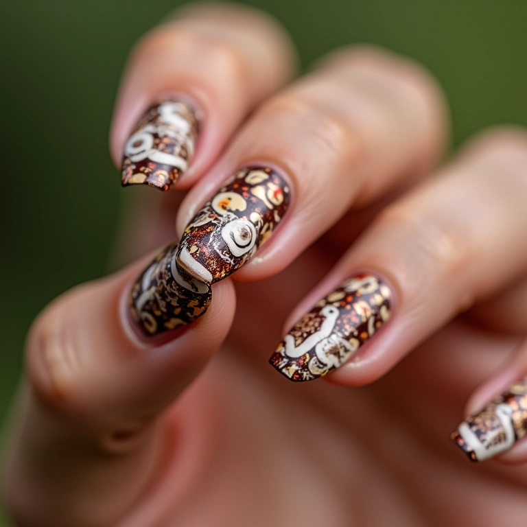 Unhas decoradas com tema de xícaras de café.