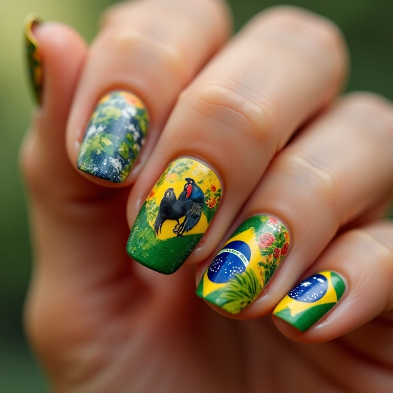 Unhas decoradas com tema do Brasil, cores vibrantes e símbolos icônicos.