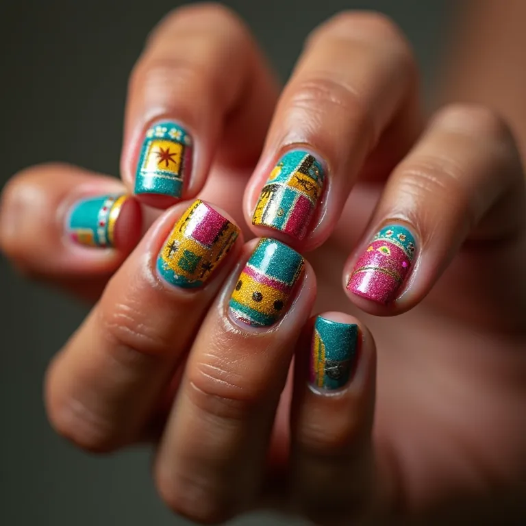 Unhas decoradas com tema junino vibrante e colorido.