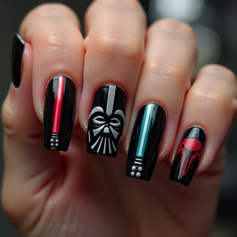 Unhas decoradas com tema Star Wars: sabres de luz e Darth Vader.