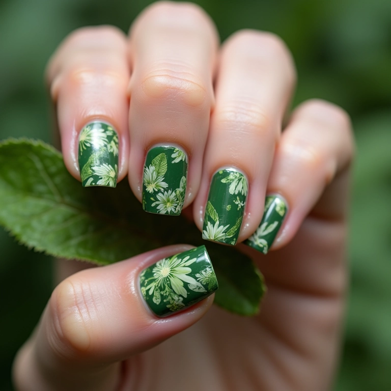 Unhas decoradas com temas da natureza.