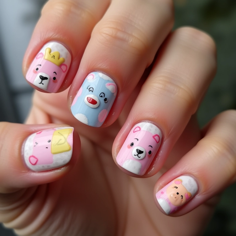 Unhas decoradas com ursinhos carinhosos em tons pastel.