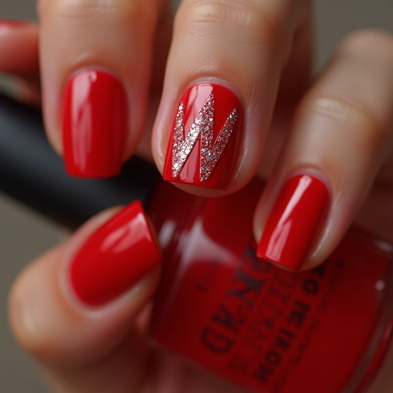 Unhas decoradas com W em destaque e glitter, estilo vibrante e moderno.