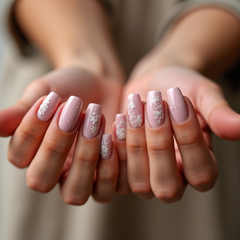 Unhas decoradas cor de pele com delicada arte floral.