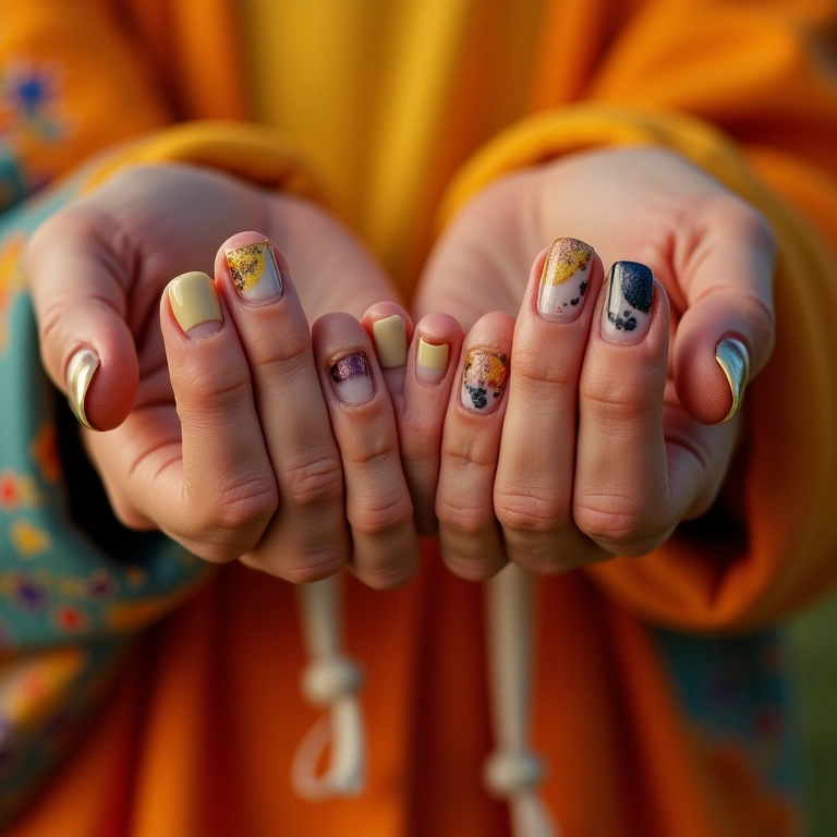 Unhas decoradas curtas e simples em mãos de diferentes tons de pele.