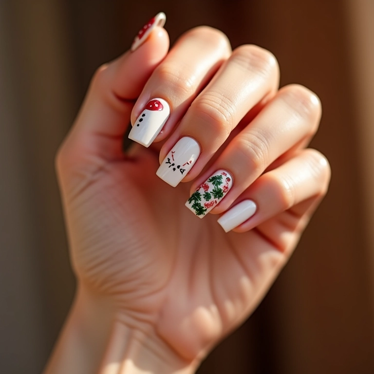 Unhas decoradas de Natal simples e elegantes em mãos diversas.