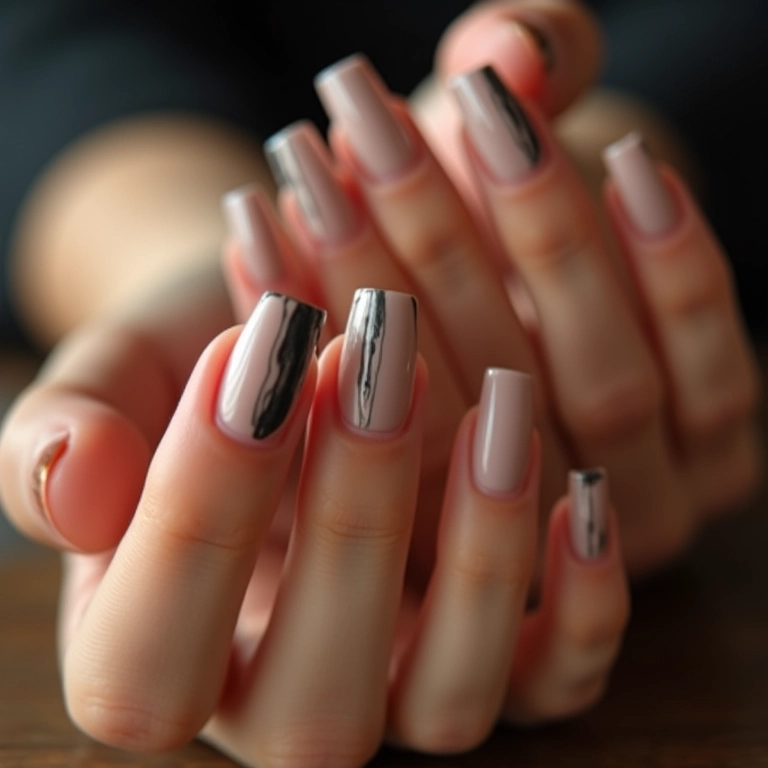 Unhas decoradas em bege e preto, design elegante e clássico.