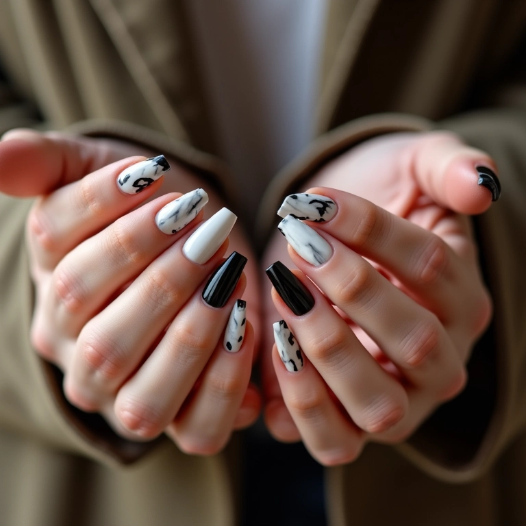 Unhas decoradas em preto e branco, design elegante e moderno.