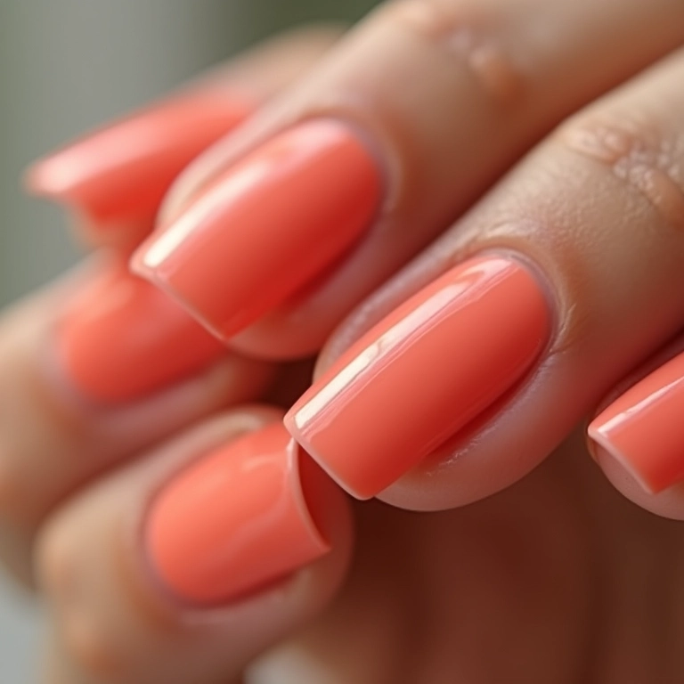 Unhas decoradas em tom salmão elegante.