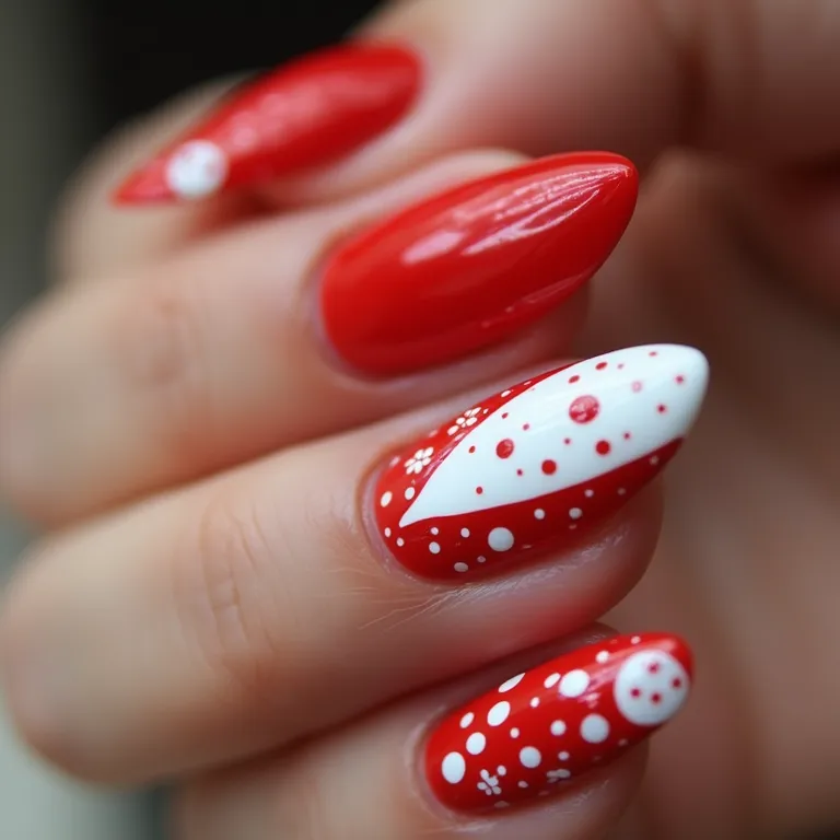 Unhas decoradas em vermelho e branco com design moderno.