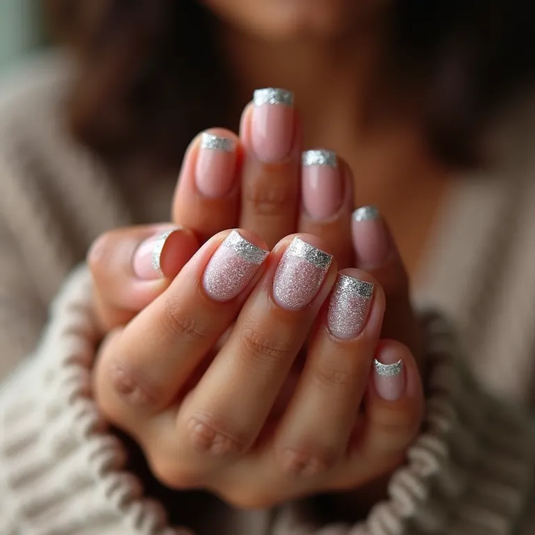Unhas decoradas estilo francesinha com glitter em diferentes tons de pele.