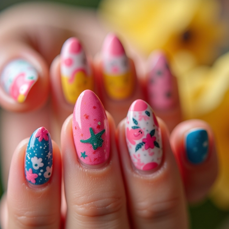 Unhas decoradas estilo kawaii com detalhes vibrantes.