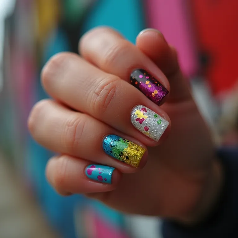 Unhas decoradas estilo Mandrake com cores vibrantes e desenhos urbanos.