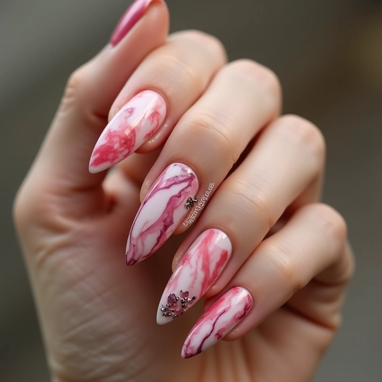 Unhas decoradas formato almond com efeito marmorizado, artísticas e elegantes.