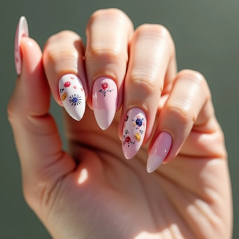 Unhas decoradas formato almond com películas, criativas e práticas.