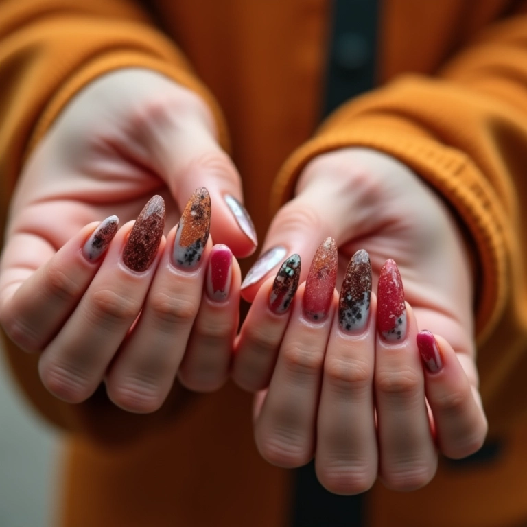 Unhas decoradas formato almond em mãos diversas, com designs variados e vibrantes.