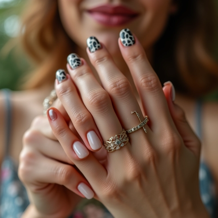 Unhas decoradas francesinha de oncinha, close-up elegante.