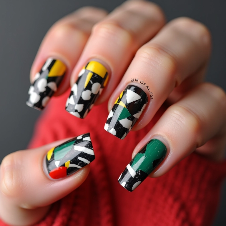 Unhas decoradas geométricas com padrões ousados e cores vibrantes.