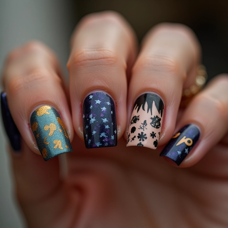 Unhas decoradas inspiradas no The Weeknd com designs detalhados.