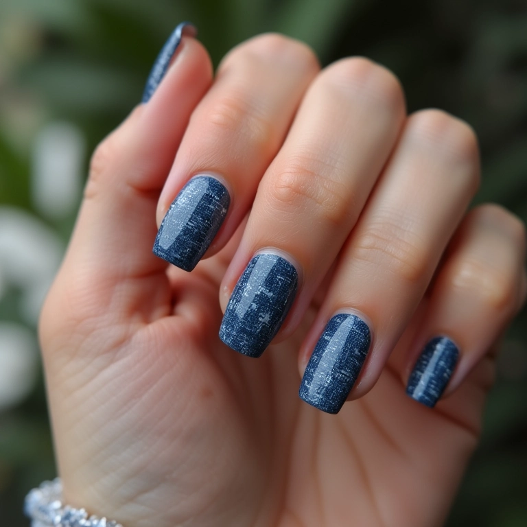Unhas decoradas jeans com efeito texturizado e moderno.