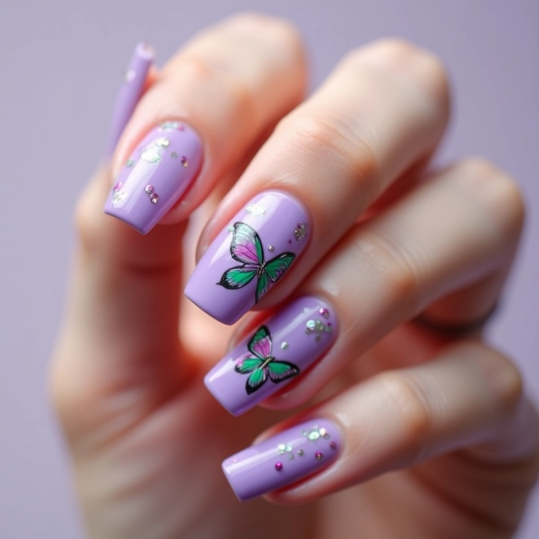 Unhas decoradas lilás e verde com borboletas.