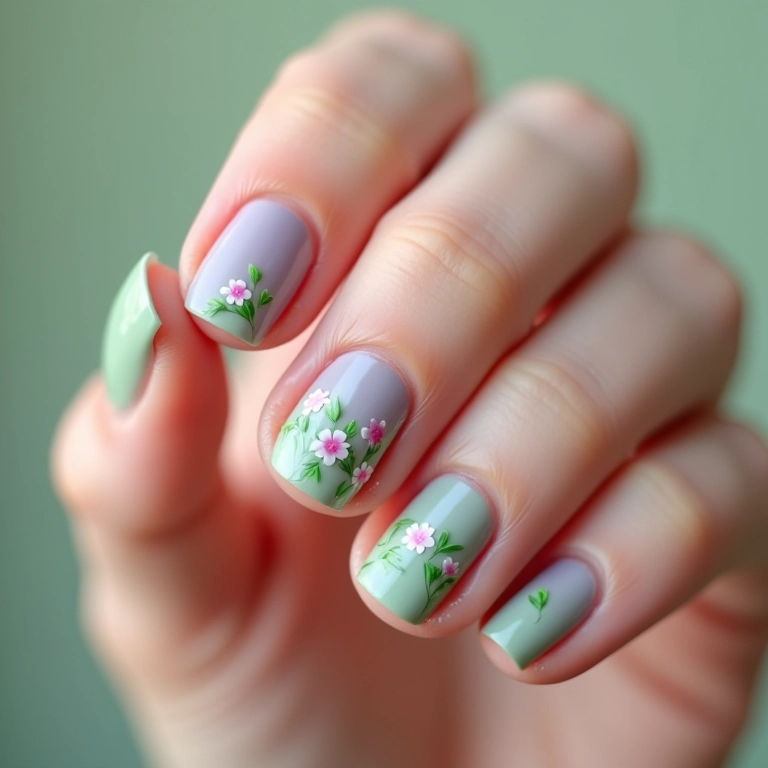 Unhas decoradas lilás e verde com flores delicadas.