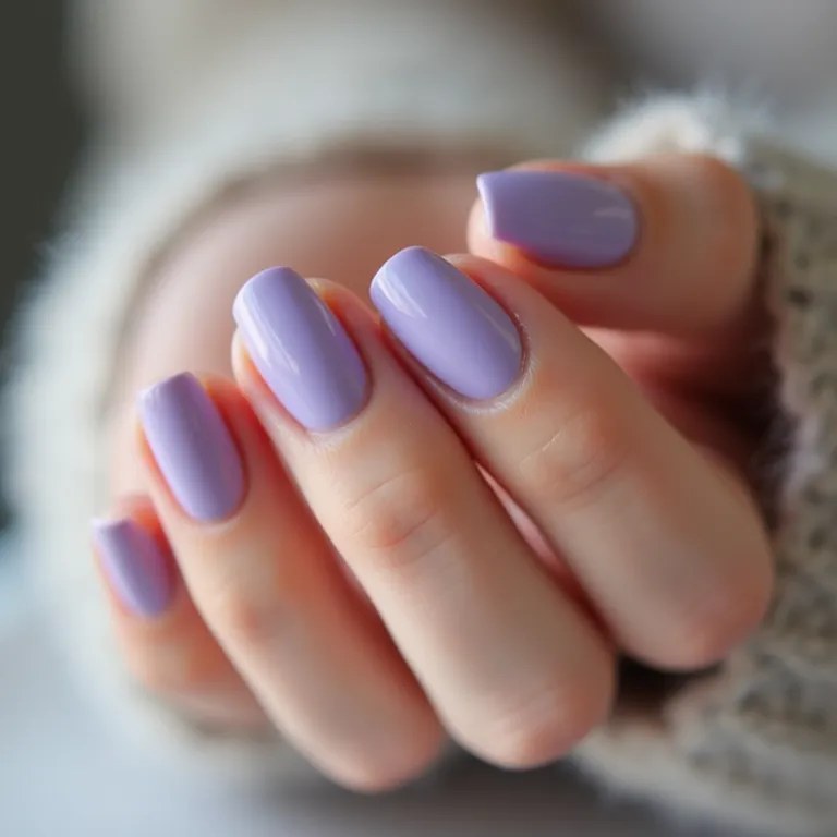 Unhas decoradas lilás pastel, cor suave e elegante.