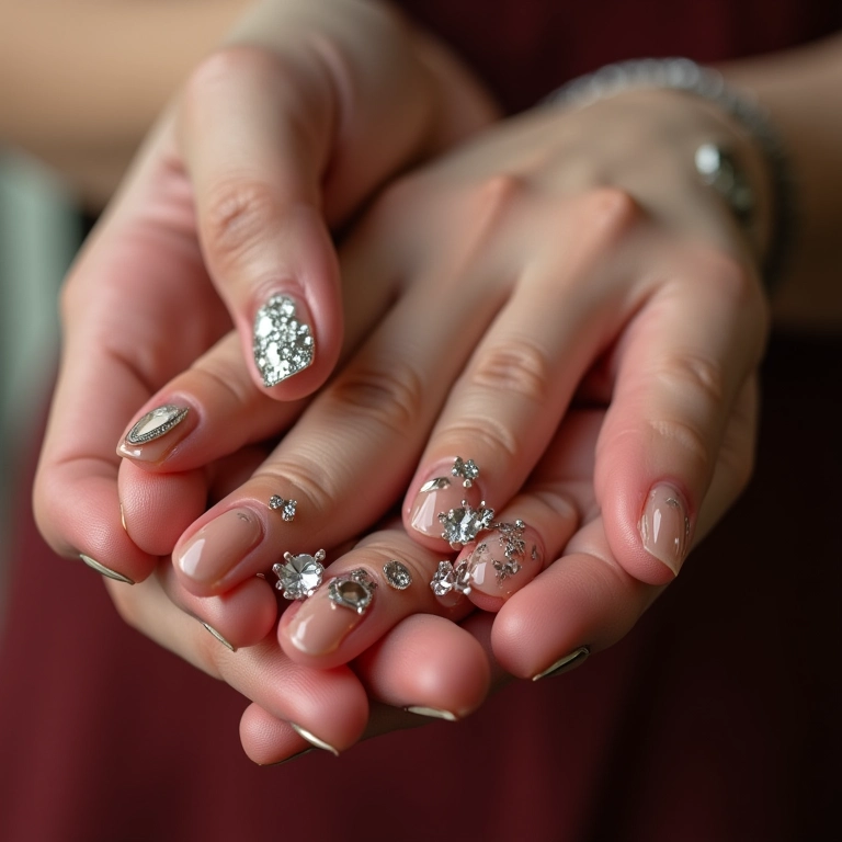 Unhas decoradas luxuosas com brilho e pedrarias.