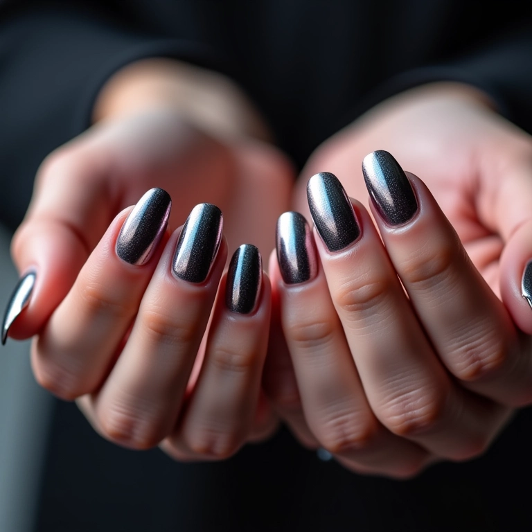 Unhas decoradas luxuosas com efeito cromado.