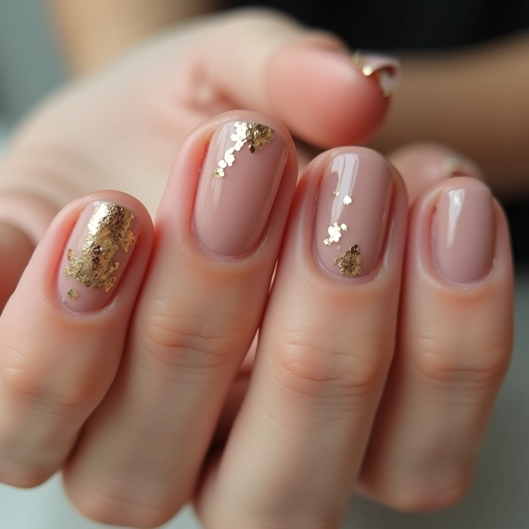 Unhas decoradas luxuosas com folha de ouro.