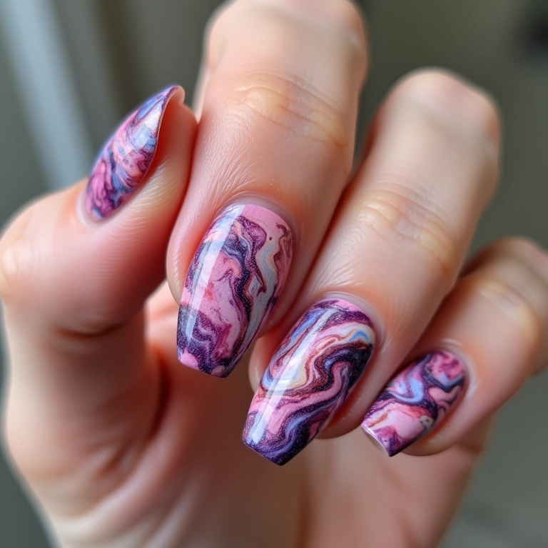 Unhas decoradas marmorizadas com efeito único e cores vibrantes.