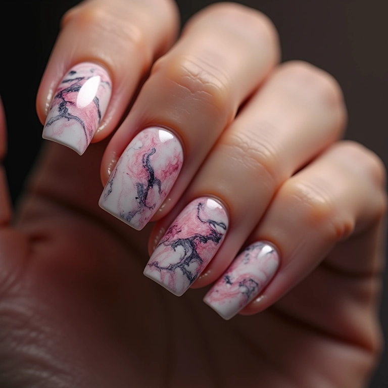 Unhas decoradas marmorizadas: efeito único e sofisticado.