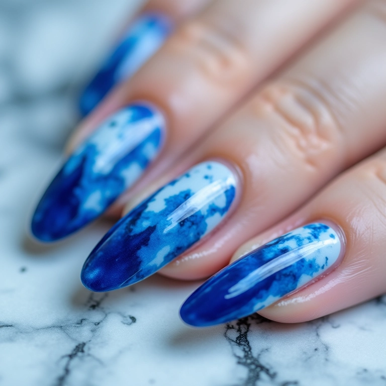 Unhas decoradas marmorizadas em azul e branco.