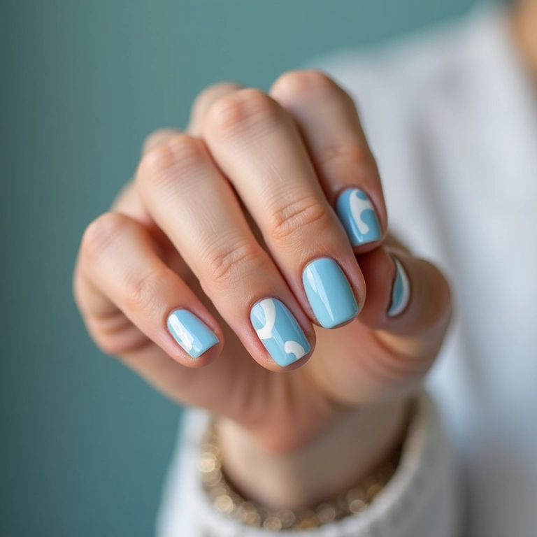 Unhas decoradas minimalistas em azul e branco.