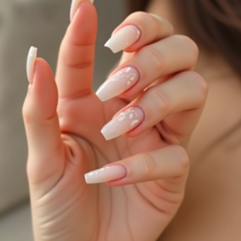 Unhas decoradas nude com branco, design elegante e minimalista.