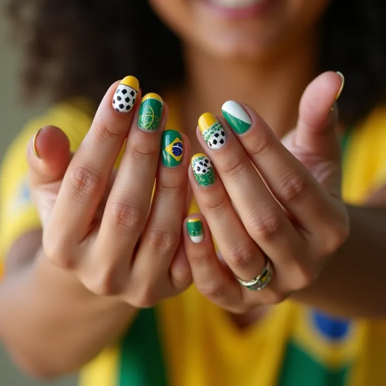 Unhas decoradas para a Copa do Mundo.