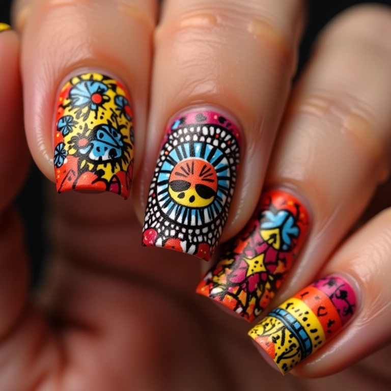Unhas decoradas para festas juninas com padrões tradicionais.