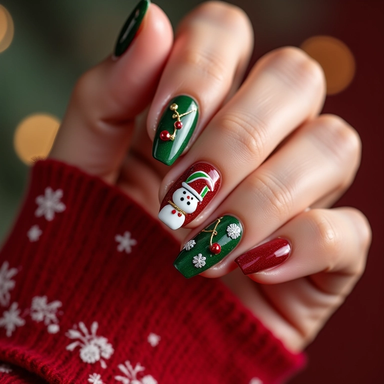 Unhas decoradas para o Natal com temas festivos.