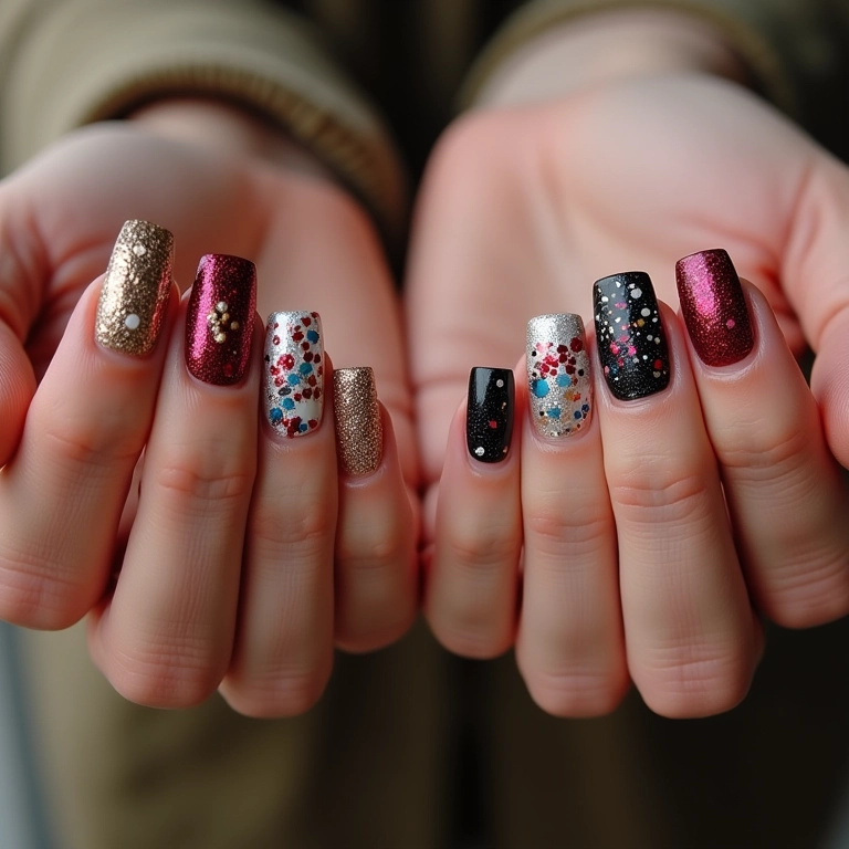 Unhas decoradas para o Réveillon com cores vibrantes e designs festivos.