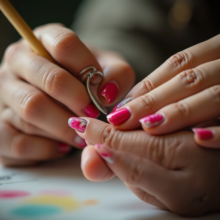Unhas decoradas passo a passo com palito, detalhes e cores vibrantes.