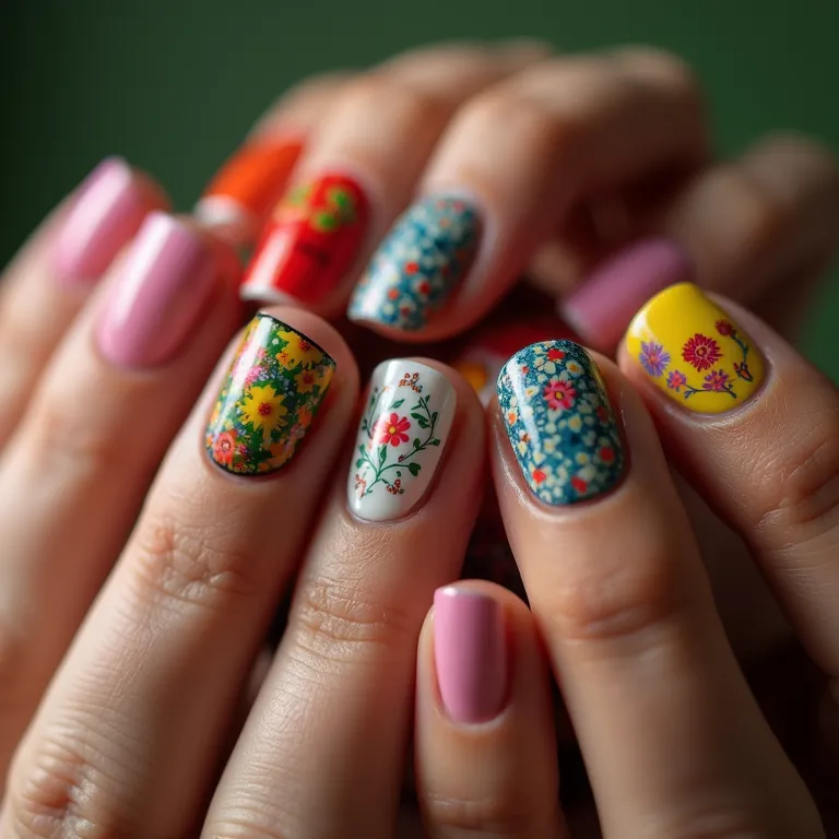 Unhas decoradas pequenas com diversos estilos e cores vibrantes.