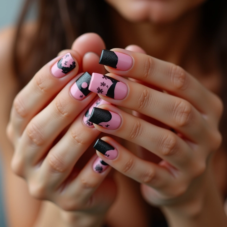 Unhas decoradas preto e rosa: combinação moderna e feminina.